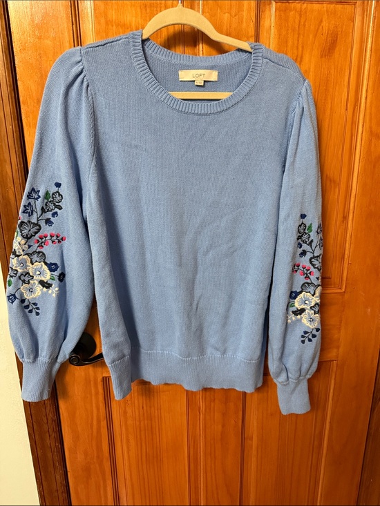 LOFT Sweaters - LOFT Powder Blue Embroidered Puff-Sleeve Sweater